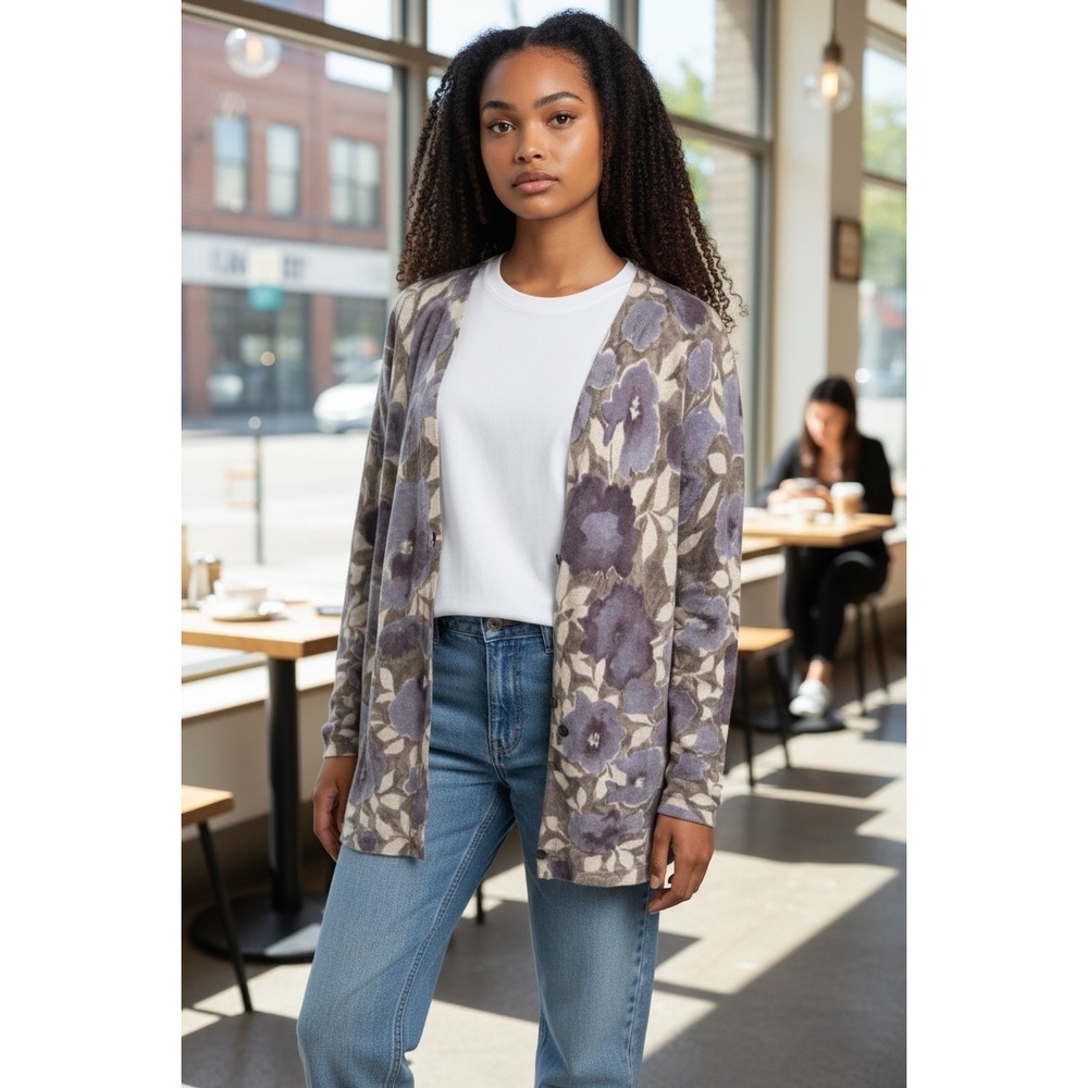 J. Jill Women's Purple Gray Floral Cardigan Sweater Flower Spring Bloomin Sz XL